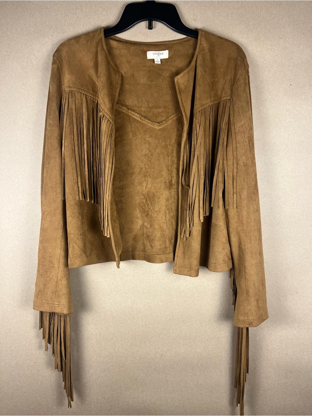 Umgee USA Faux Suede Fringe Jacket Small Tan Western Boho Cowgirl Ope front
